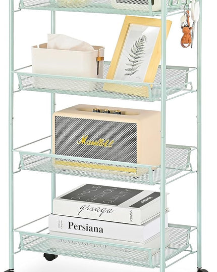 TOOLF 4-Tier Rolling Cart, Metal Utility Cart with 3 Hooks, Easy Assemble Mobile Storage Trolley On Wheels, Metal Shelving Units Kitchen Bathroom Laundry Room - LeafyLoom