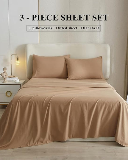 Camel Beige Twin Sheets Set 3 Piece Cooling Bed Sheets,Luxury Fitted Sheet Set for Twin Size Bed,Super Soft Sheet Deep Pocket 16 Inch,Wrinkle & Shrink Resistant,Twin Sheets,Camel Beige Bed Sheets - LeafyLoom