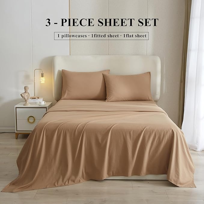 Camel Beige Twin Sheets Set 3 Piece Cooling Bed Sheets,Luxury Fitted Sheet Set for Twin Size Bed,Super Soft Sheet Deep Pocket 16 Inch,Wrinkle & Shrink Resistant,Twin Sheets,Camel Beige Bed Sheets - LeafyLoom
