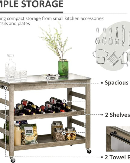 HOMCOM Rolling Kitchen Cart with Stainless Steel Countertop, 1 Bottom Shelf, 1 Slotted Middle Shelf and 4 Castor Wheels, Grey - LeafyLoom