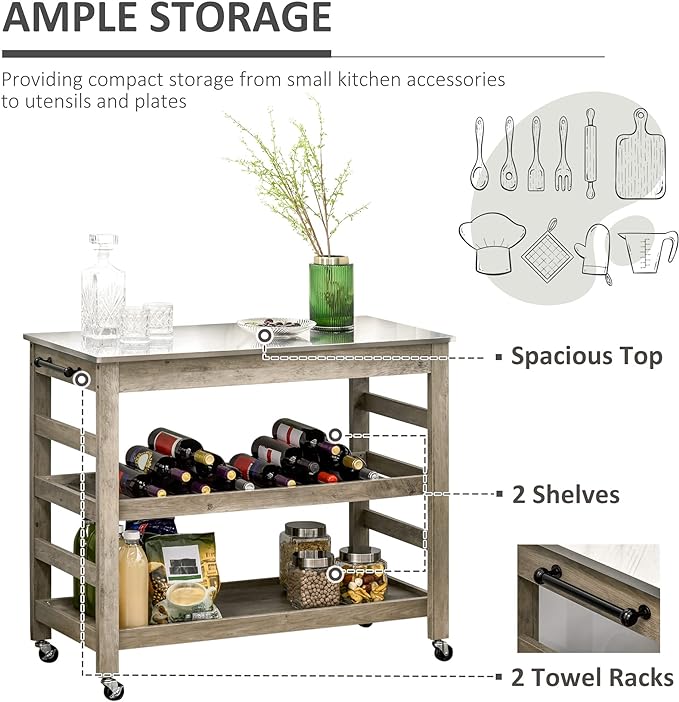 HOMCOM Rolling Kitchen Cart with Stainless Steel Countertop, 1 Bottom Shelf, 1 Slotted Middle Shelf and 4 Castor Wheels, Grey - LeafyLoom
