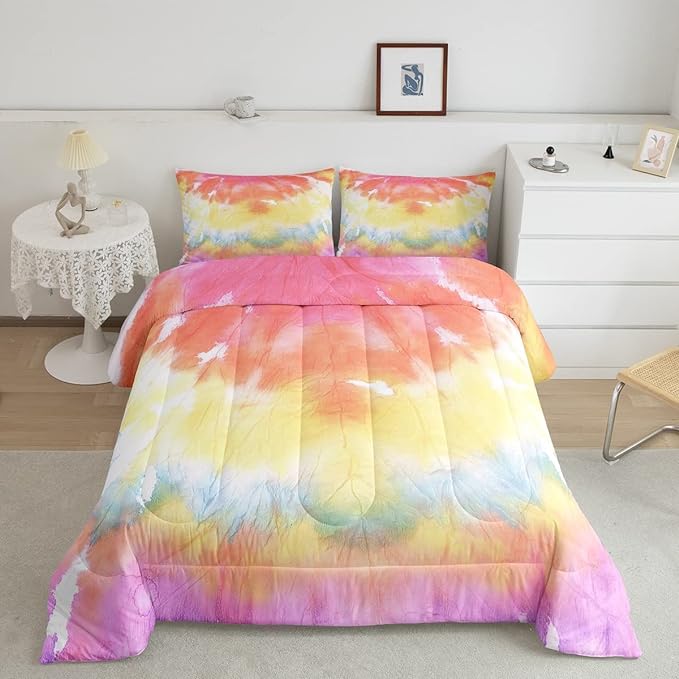Boho Comforter Set Spiral Tye Dye Pattern 3pc Down Comforter King Size Rainbow Bedding Sets with 2 Pillowcases Soft Comfortable Machine Washable,Trippy Psychedelic Gypsy Duvet Quilt Set for Teen Girl - LeafyLoom
