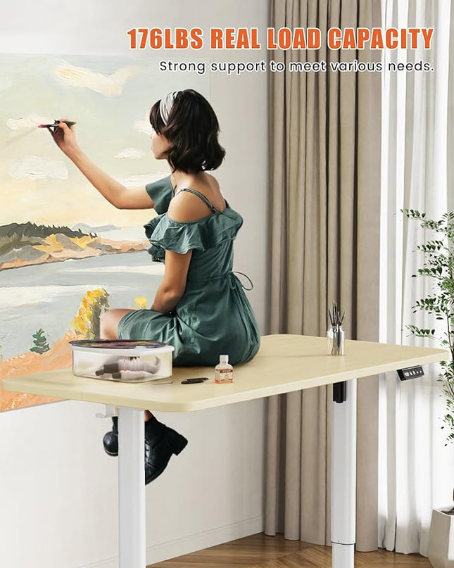 Electric Standing Desk Adjustable Height Stand Up Desk, 55" x 24" Sit Stand Desk, Low Noise Home Office Desk, Computer Desk with Splice Board, Child Lock & Memory Function, Maple - LeafyLoom