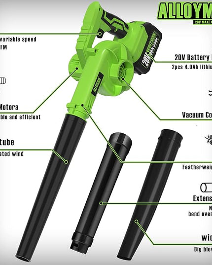 Alloyman Leaf Blower, 20V Cordless Leaf Blower, with 2 X 4.0Ah Battery & Charger, 2-in-1 Electric Leaf Blower & Vacuum for Yard Cleaning/Snow Blowing. Green - LeafyLoom