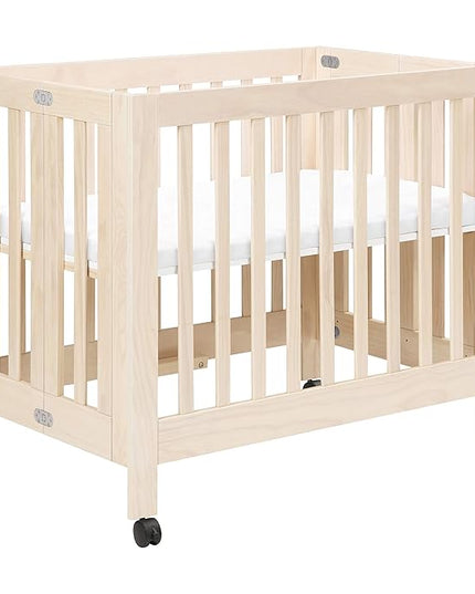 Babyletto Origami Mini Portable Crib Folding with Wheels in Washed Natural, 2 Adjustable Mattress Positions, Greenguard Gold Certified - LeafyLoom