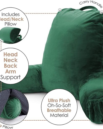 Clara Clark Reading Pillow, Large Back Pillow for Sitting Up in Bed, Memory Foam Back Support Pillow, Reading Pillows for Sitting in Bed Adult, Dark Green Sit Up Pillow for Bed with Arms and Pockets - LeafyLoom