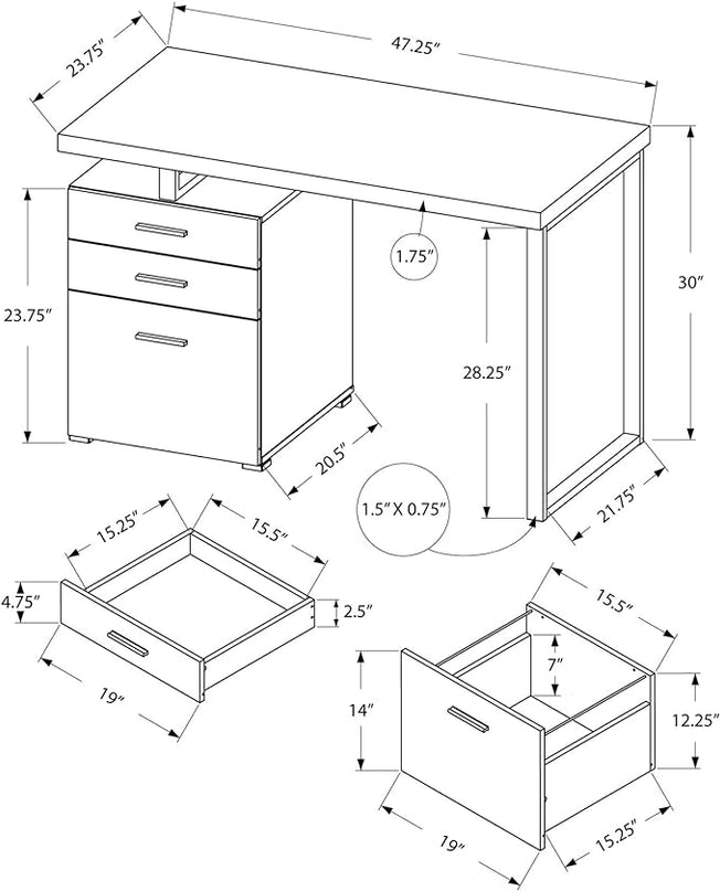 Monarch Specialties Left or Right Facing 47-Inch Modern Home Office Computer Study Writing Desk with Filing Drawer, 48"L, Grey & Silver - LeafyLoom