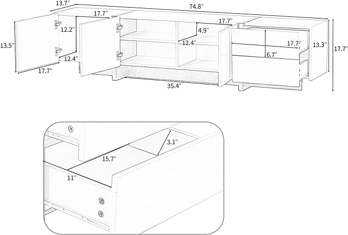 Merax Contemporary Rectangle Design TV Stand for Television Up to 80", Unique Style Console Table, Modern Storage Cabinet with High Gloss UV Surface for Living Room, 74.8" length, White - LeafyLoom