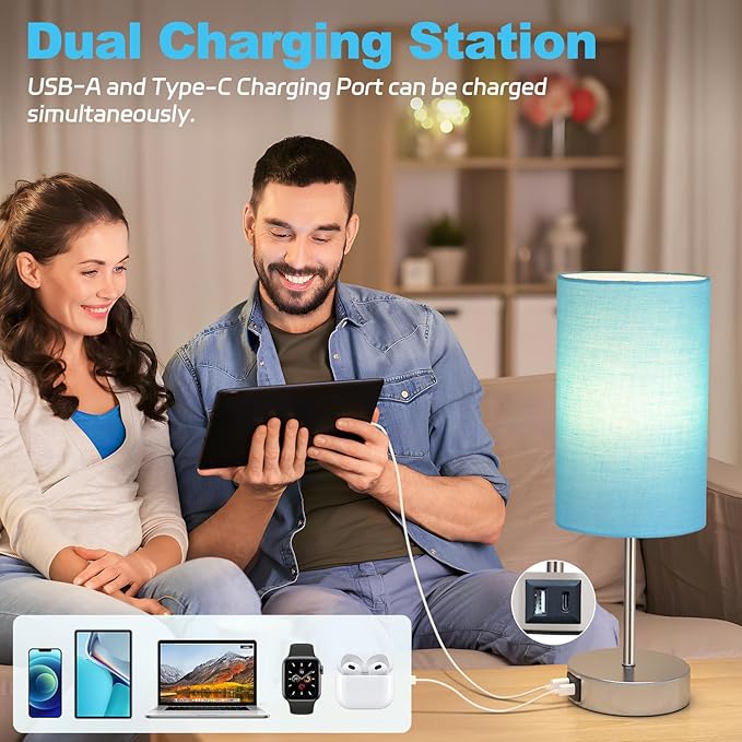AKASUKI Table Lamp for Bedroom, 3 Way Dimmable Touch Lamp with Dual Charging Station, Small Bedside Lamps for Night Stands, Living Room, Office(LED Bulb Included) - LeafyLoom