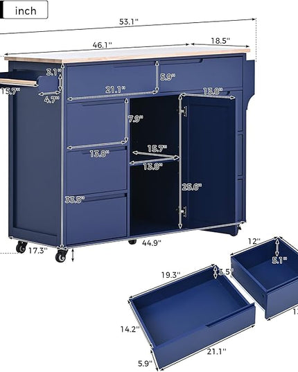 Kitchen Island on Lockable Wheels, Mobile Kitchens Cart with Rubber Wood Countertop, w/Drawer and Storage Cabinet for Dining Room, Bar - LeafyLoom
