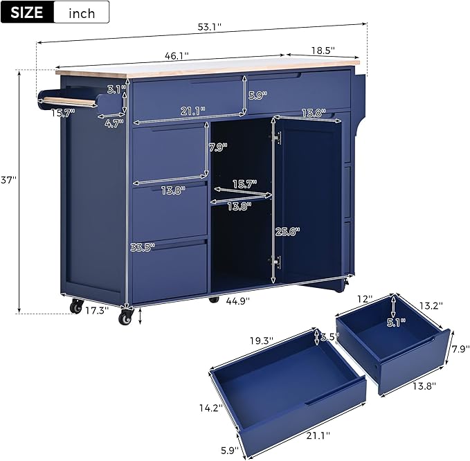 Kitchen Island on Lockable Wheels, Mobile Kitchens Cart with Rubber Wood Countertop, w/Drawer and Storage Cabinet for Dining Room, Bar - LeafyLoom