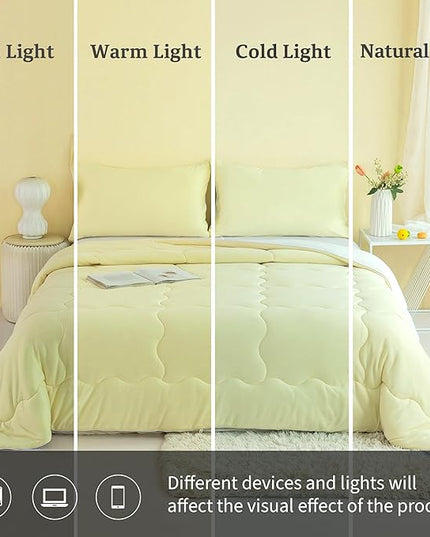COTTEBED Reversible KING Bedding Comforter Set, Jersey Knit All Season Milk Cup Dual-Side Down Comforters, Super Soft Breathable Fluffy Lightweight Quilt & Pillow Shams(Yellow and White King/Cal King) - LeafyLoom