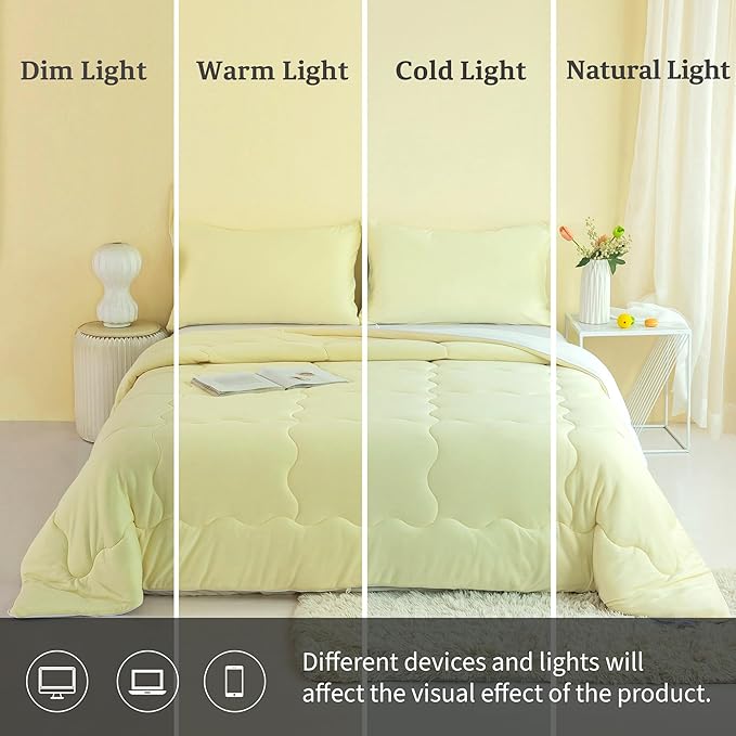 COTTEBED Reversible KING Bedding Comforter Set, Jersey Knit All Season Milk Cup Dual-Side Down Comforters, Super Soft Breathable Fluffy Lightweight Quilt & Pillow Shams(Yellow and White King/Cal King) - LeafyLoom