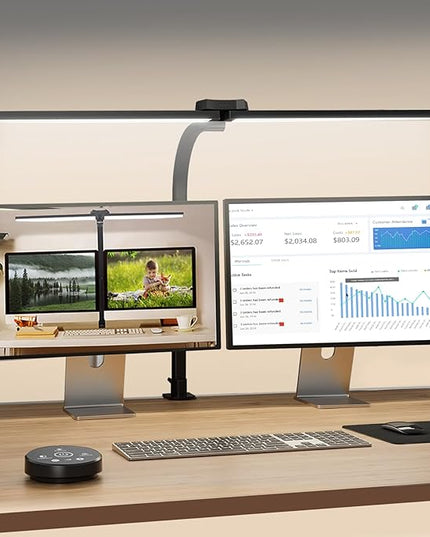 LED Desk Lamp for Office Home, Eye Caring Architect Desk Light with Clamp & Remote Control, Double Head 24W Bright Gooseneck Table Lamp for Dual Screen Computer Monitor Office Lighting Reading Study - LeafyLoom