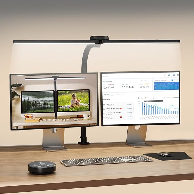 LED Desk Lamp for Office Home, Eye Caring Architect Desk Light with Clamp & Remote Control, Double Head 24W Bright Gooseneck Table Lamp for Dual Screen Computer Monitor Office Lighting Reading Study - LeafyLoom