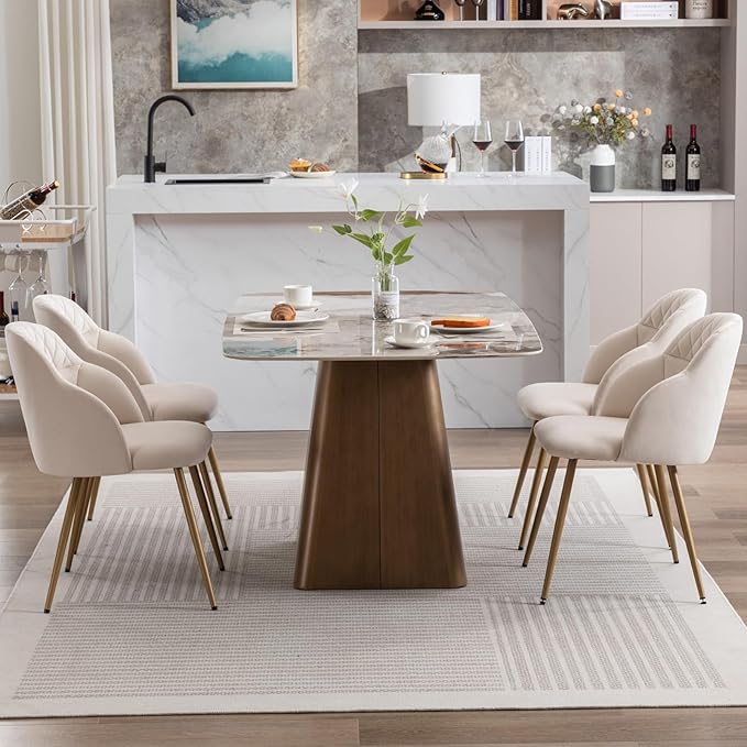 Velvet Dining Chairs Sets of 2, Modern Upholstered Accent Side Chairs with Arm Gold Metal Legs for Kitchen Living Bed Room, Beige - LeafyLoom