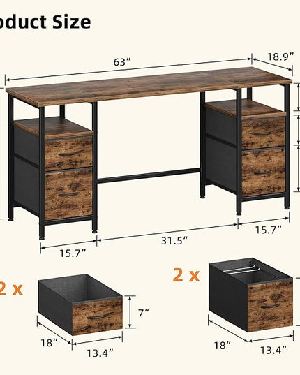 63'' Office Desk with 4 Fabric File Drawers - File Drawer Organization, Computer Work Desk, Study Writing Table, Home Office Workstation, Rustic Brown. - LeafyLoom