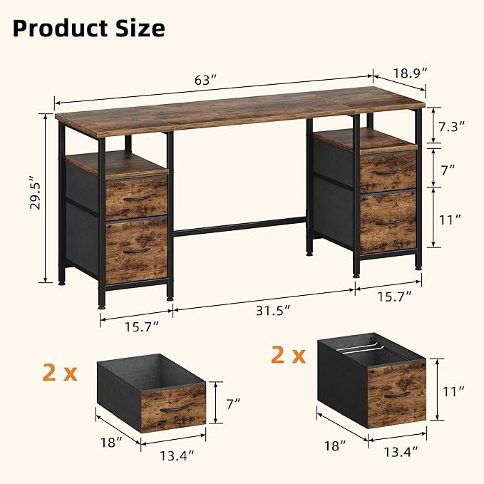 63'' Office Desk with 4 Fabric File Drawers - File Drawer Organization, Computer Work Desk, Study Writing Table, Home Office Workstation, Rustic Brown. - LeafyLoom