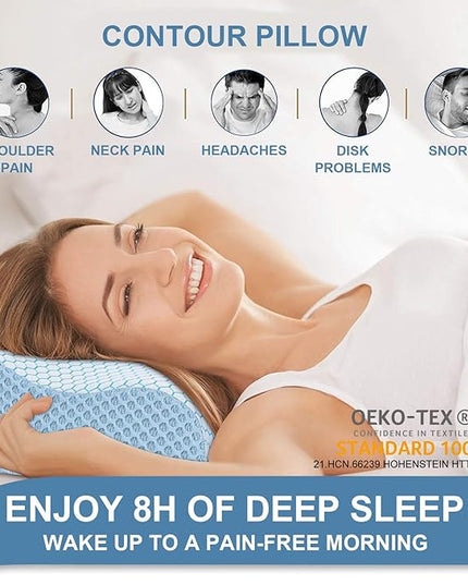 Anvo Memory Foam Pillow, Neck Contour Cervical Orthopedic Pillow for Sleeping Side Back Stomach Sleeper, Ergonomic Bed Pillow for Neck Pain - Blue White, Firm - LeafyLoom