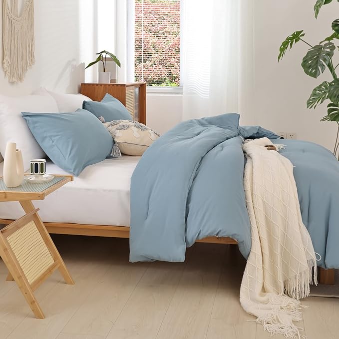 ROSGONIA King Size Comforter Set Dusty Blue, 3pcs (1 Boho Blue Comforter & 2 Pillowcases) All Season Bedding Lightweight Bedspread Blanket Quilt - LeafyLoom