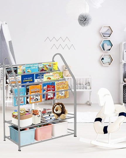 aboxoo Metal Kids Bookshelf Grey Toy Chests & Organizers Large Freestanding for Children Toy Chests & OrganizersRoom 25 in Toy Organizer Large Stable Bookcase Bookstore Library Bed Living Room - LeafyLoom