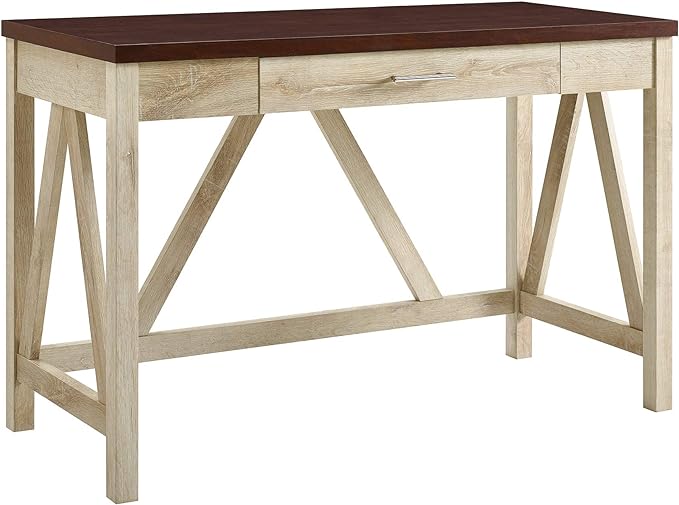 Walker Edison Rustic Farmhouse Wood Computer Writing Desk Home Office Workstation Small, 46 Inch, White Oak and Brown - LeafyLoom