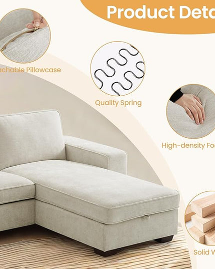 COHOME 100" L-Shaped Sofa with Storage, Chenille Upholstered Deep Seat Couch for Living Room, Sofa with Reversible Chaise, Removable Covers, 3-Seater Apartment Sofa with Charge Ports,Beige - LeafyLoom