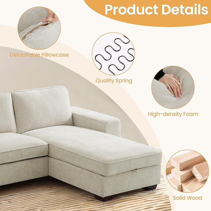 COHOME 100" L-Shaped Sofa with Storage, Chenille Upholstered Deep Seat Couch for Living Room, Sofa with Reversible Chaise, Removable Covers, 3-Seater Apartment Sofa with Charge Ports,Beige - LeafyLoom