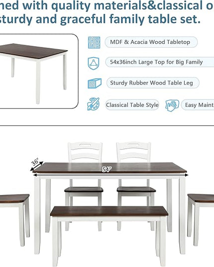Modern Style 6 Piece Table 4 Chairs and Multifunctional Bench, Spacious Set, Long-Lasting Solid Rubber Wood, for Kitchen, Dining Room, Ivory - LeafyLoom