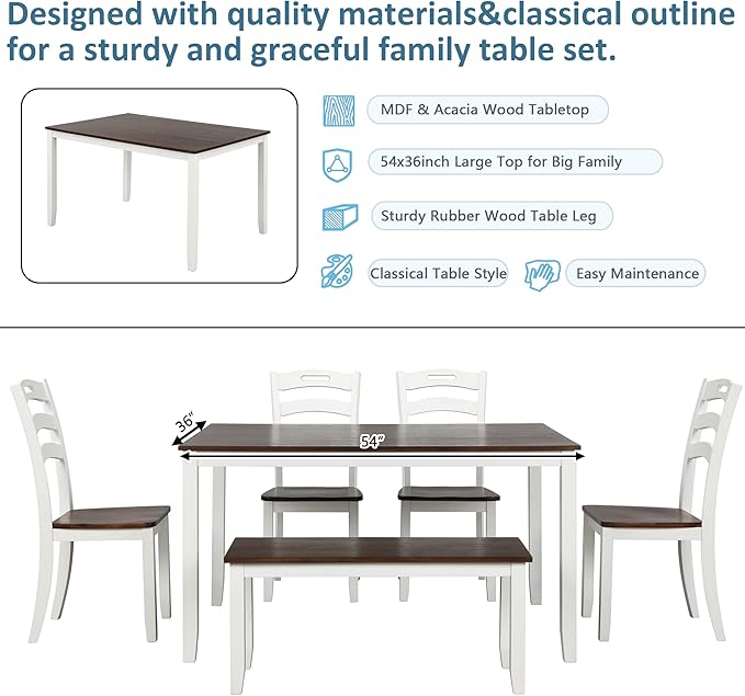 Modern Style 6 Piece Table 4 Chairs and Multifunctional Bench, Spacious Set, Long-Lasting Solid Rubber Wood, for Kitchen, Dining Room, Ivory - LeafyLoom