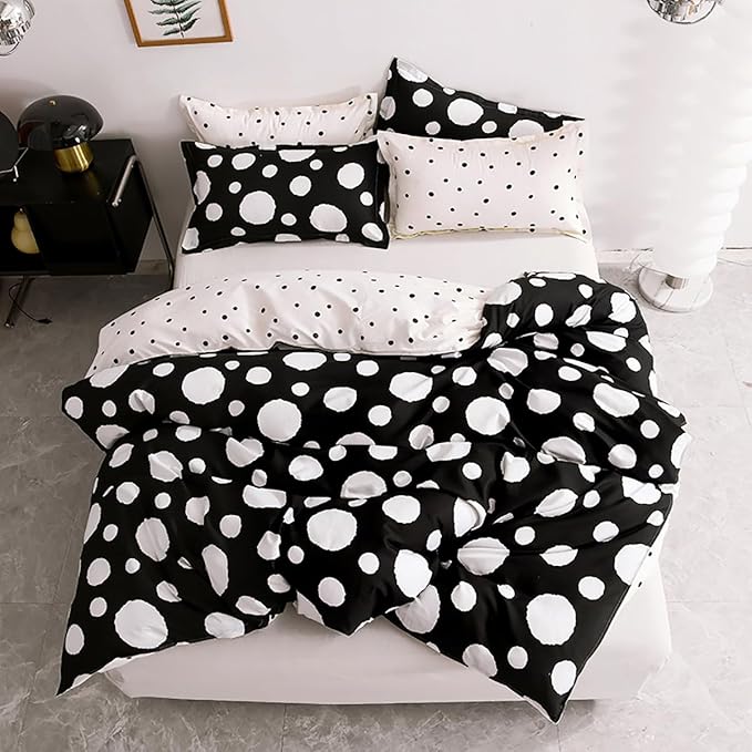 White Polka Dots Comforter King Black White Dots Print Reversible Gingham King Bedding Comforter Set Boys Girls Black White Bed Sets Soft 3Pcs King Comforter Sets - LeafyLoom