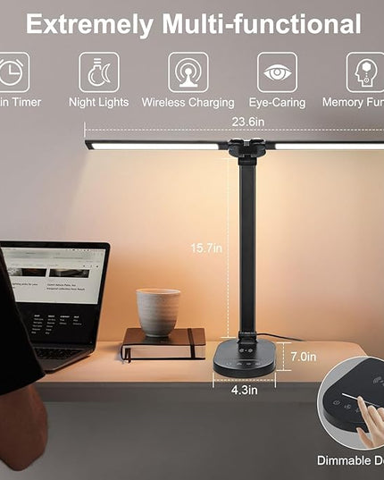 Lightess LED Desk Lamp with Wireless Charger, USB Charging Port, Adjustable Foldable Dual Swing Arm Desk Light Dimmable Eye-Caring Desk Lamp, Touch Control, Home Office Desk Lights for Work Study - LeafyLoom