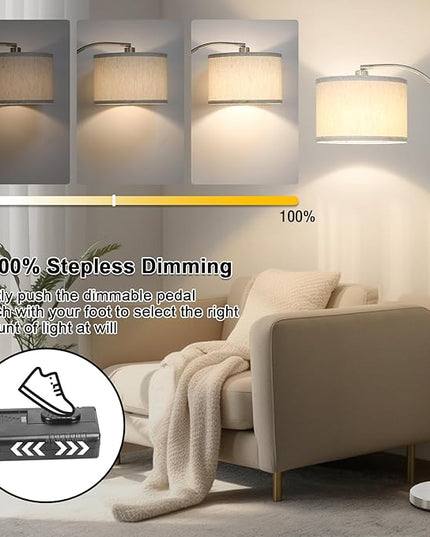 Boncoo Arc Floor Lamp, Dimmable Floor Lamp for Living Room, Silver Modern Standing Lamp with Adjustable Drum Shade, Tall Pole Lamp for Bedroom Study Room Office, 9W 3000K LED Bulb Included - LeafyLoom