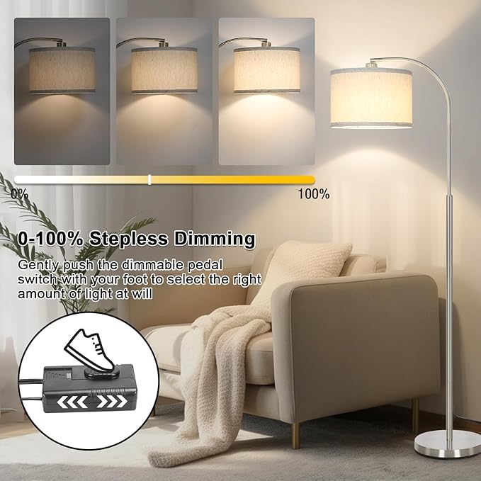 Boncoo Arc Floor Lamp, Dimmable Floor Lamp for Living Room, Silver Modern Standing Lamp with Adjustable Drum Shade, Tall Pole Lamp for Bedroom Study Room Office, 9W 3000K LED Bulb Included - LeafyLoom