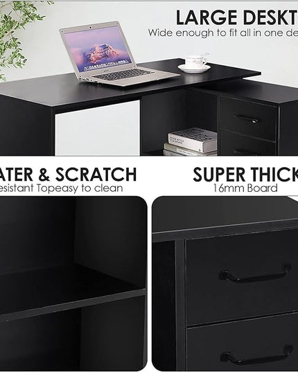 L-Shaped Rotating Computer Desk with Storage Shelves 68 inch Home Office Desk Corner with Drawers and File Cabinet Multipurpose Study Writing Table for Bedroom Small Space Black - LeafyLoom