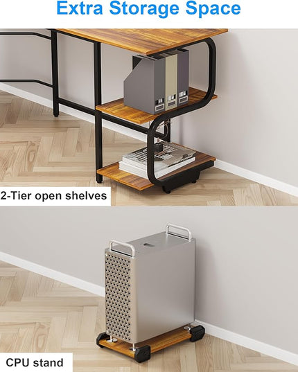 Teraves Reversible L Shaped Desk with Large Surface, 61 Inch Sturdy Corner Desk with Storage Shelves, Premium Office Computer Desk Workstation for Home Office Gaming, Teak - LeafyLoom