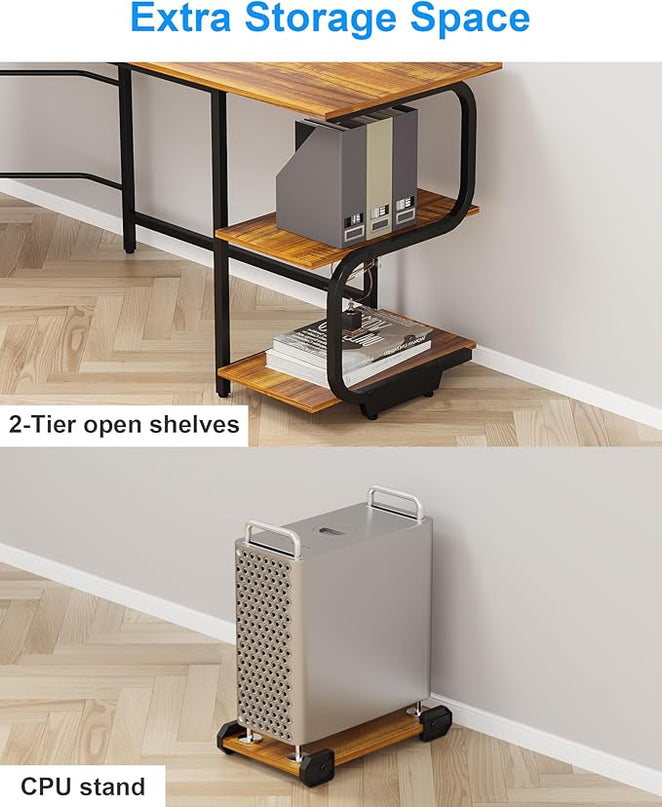 Teraves Reversible L Shaped Desk with Large Surface, 61 Inch Sturdy Corner Desk with Storage Shelves, Premium Office Computer Desk Workstation for Home Office Gaming, Teak - LeafyLoom
