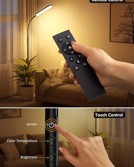Brightown LED Floor Lamp - 18W Bright Lamp with Remote & Touch Control - 4 Color Temperatures with Memory & Timer, Adjustable Gooseneck for Reading - Ideal for Living Room, Bedroom, Office - LeafyLoom