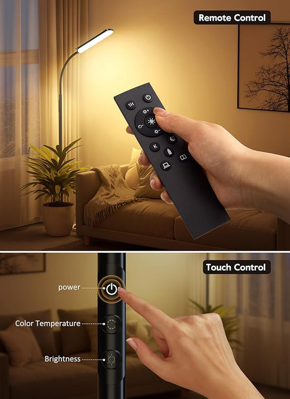 Brightown LED Floor Lamp - 18W Bright Lamp with Remote & Touch Control - 4 Color Temperatures with Memory & Timer, Adjustable Gooseneck for Reading - Ideal for Living Room, Bedroom, Office - LeafyLoom