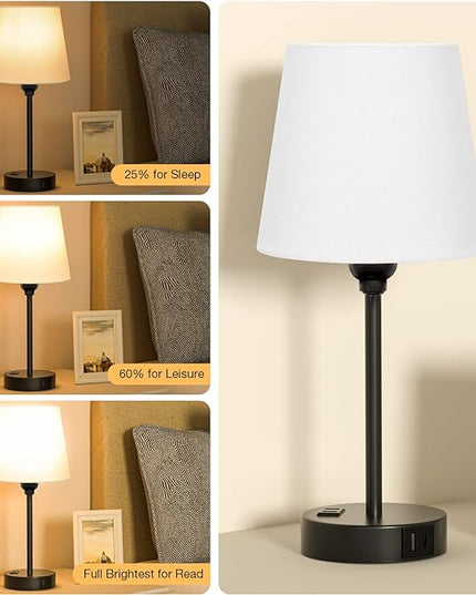 White Bedside Lamps for bedrooms Set of 2 - Nightstand Bedroom Lamp with USB C Port and AC Outlet Charging, 3 Way Dimmable Touch Control Small White Bed Side Table Lamp, Nightstand Light for Kids - LeafyLoom