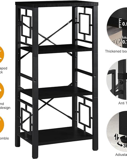 Bookshelf, Vintage Industrial 4 Tier Bookshelf, Freestanding Narrow Bookcase with Rustic Wood and Metal, Small Bookshelf for Home Office, Bedroom & Living Room, Black - LeafyLoom