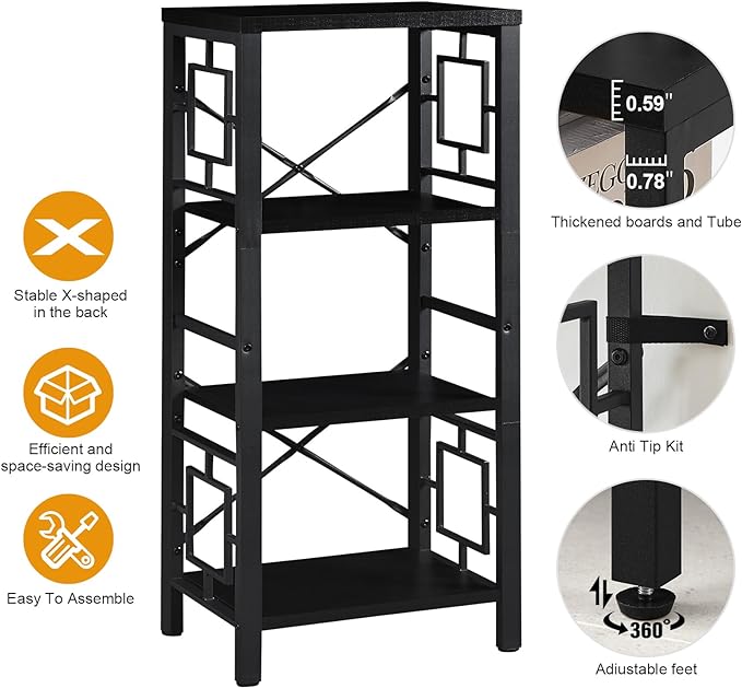 Bookshelf, Vintage Industrial 4 Tier Bookshelf, Freestanding Narrow Bookcase with Rustic Wood and Metal, Small Bookshelf for Home Office, Bedroom & Living Room, Black - LeafyLoom