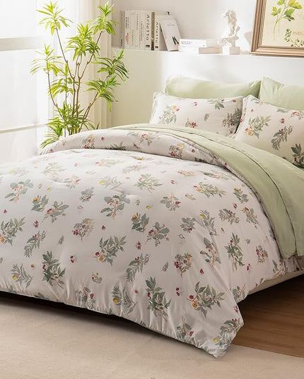 EMME Twin Comforter Set - Sage Green Floral Bedding Set 5 PCS with Flowers Leaves Pattern, Soft Plant Printed Botanical Bed Set with Sheets, Fluffy Bed Bag for All Season(68"X90") - LeafyLoom
