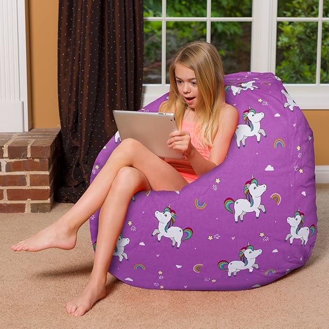 Posh Creations Bean Bag Chair for Kids, Teens, and Adults Includes Removable and Machine Washable Cover, 48in - X-Large, Canvas Unicorn and Rainbows on Purple - LeafyLoom