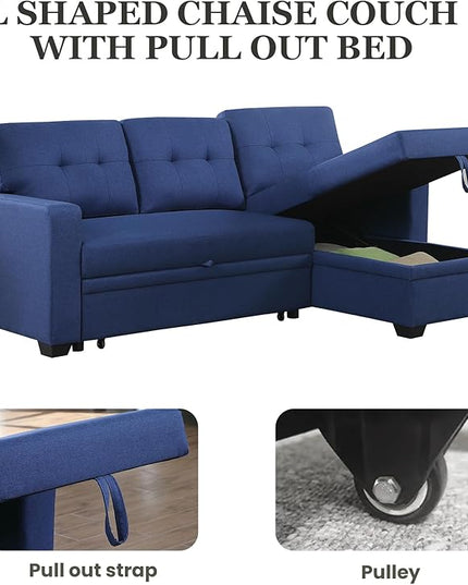 L Shape Sleeper Sofa Bed with Storage, Large Full Size Pull Out Sectional Couch, Futon Chaise Lounge Recliner for Living Room, Apartment, Bedroom, Office, Blue - LeafyLoom