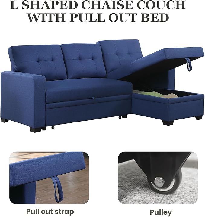 L Shape Sleeper Sofa Bed with Storage, Large Full Size Pull Out Sectional Couch, Futon Chaise Lounge Recliner for Living Room, Apartment, Bedroom, Office, Blue - LeafyLoom