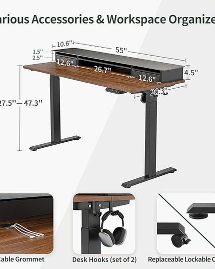 FEZIBO 55 x 24 Inch Height Adjustable Glass Electric Standing Desk with Double Drawer, Stand Up Desk with Storage Shelf, Sit Stand Desk, Black Walnut - LeafyLoom
