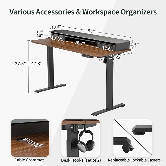 FEZIBO 55 x 24 Inch Height Adjustable Glass Electric Standing Desk with Double Drawer, Stand Up Desk with Storage Shelf, Sit Stand Desk, Black Walnut - LeafyLoom