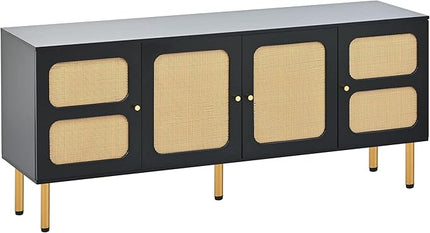 Merax Boho TV Stand with Rattan Door, Woven Media Console Table for Television Up to 70”, Country Style Design Side Board with Gold Metal Base for Living Room, 64.9" Length, Black - LeafyLoom
