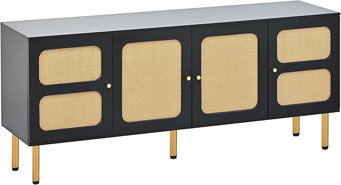 Merax Boho TV Stand with Rattan Door, Woven Media Console Table for Television Up to 70”, Country Style Design Side Board with Gold Metal Base for Living Room, 64.9" Length, Black - LeafyLoom